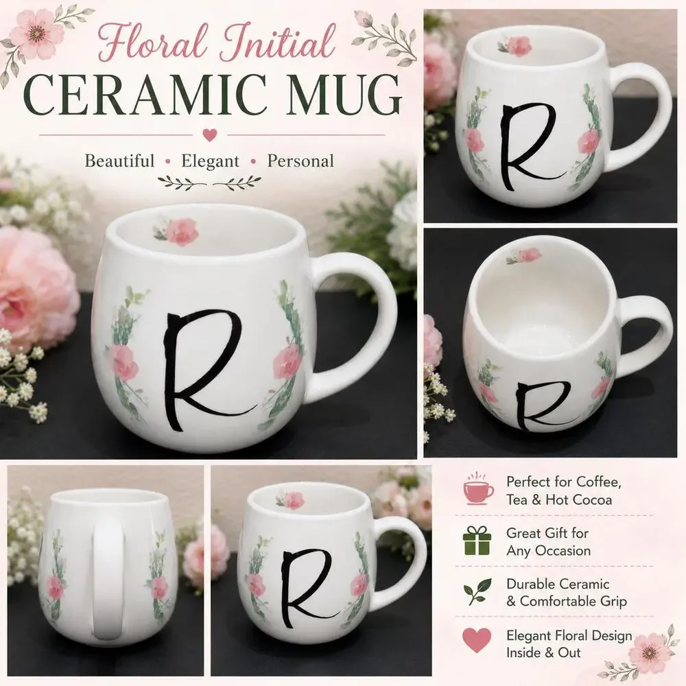 White Ceramic floral initial “R” Mug Pink Flowers Monogram Gift